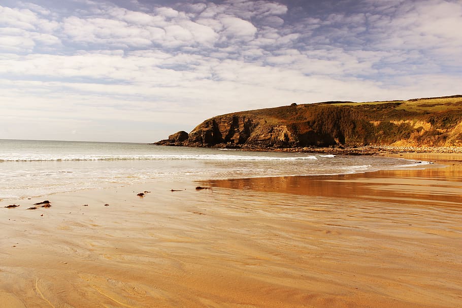 beach, summer, ocean, cliffs, sea, seaside, sandscape, sky HD wallpaper