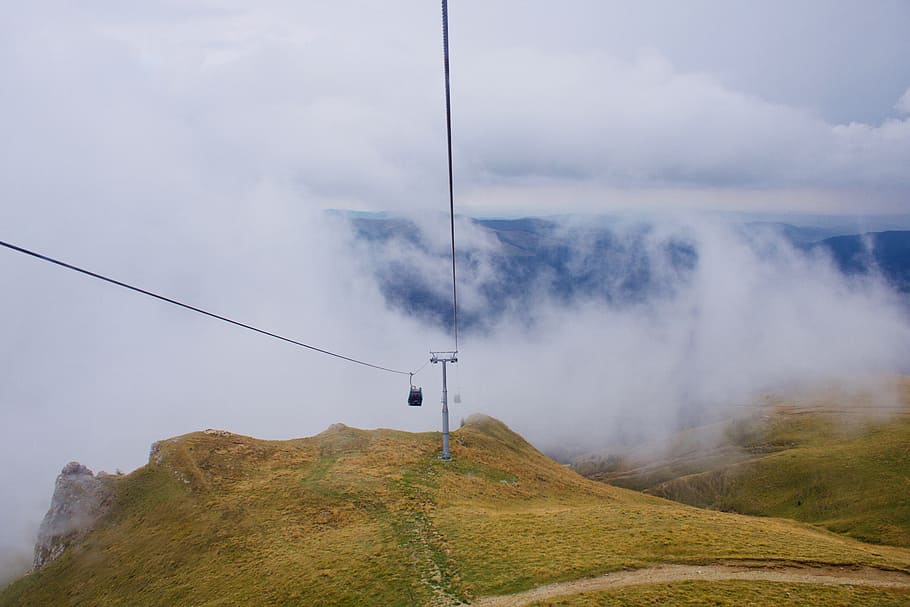 Cable Car Under White Clouds, cables, daylight, environment, fog HD wallpaper