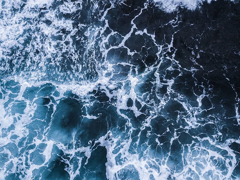 aerial photography of ocean waves, water, sea, blue, foam, wafe