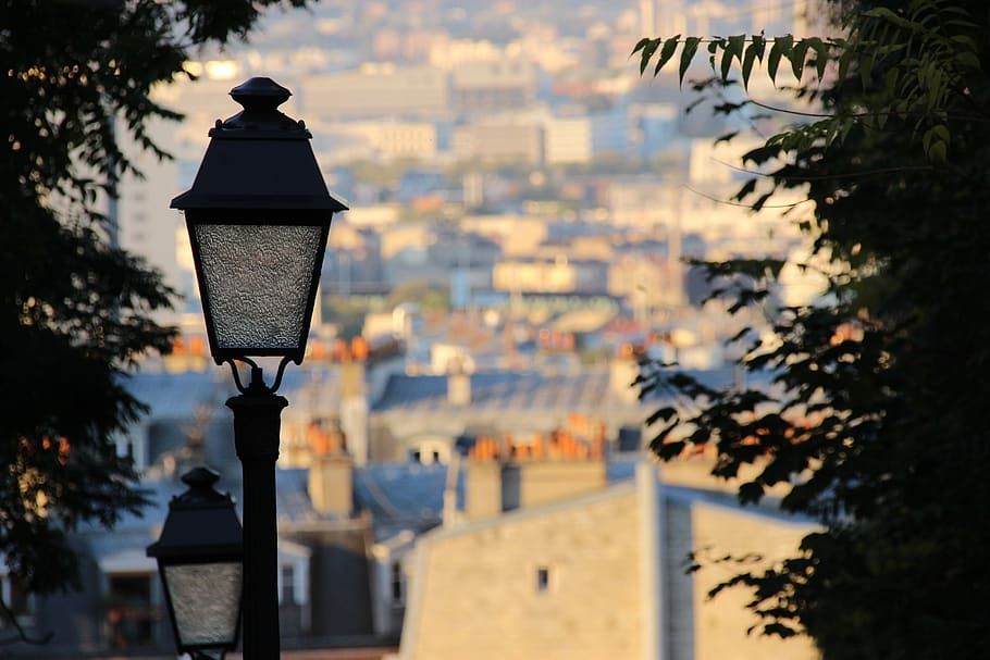 turned-off light post, lamp, lamp post, lampshade, tree, abies HD wallpaper