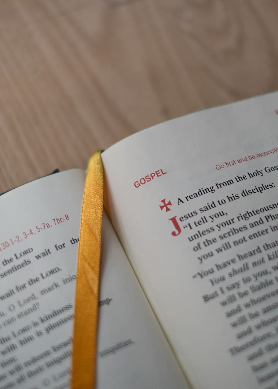 Bible book, text, paper, table, communication, high angle view HD wallpaper