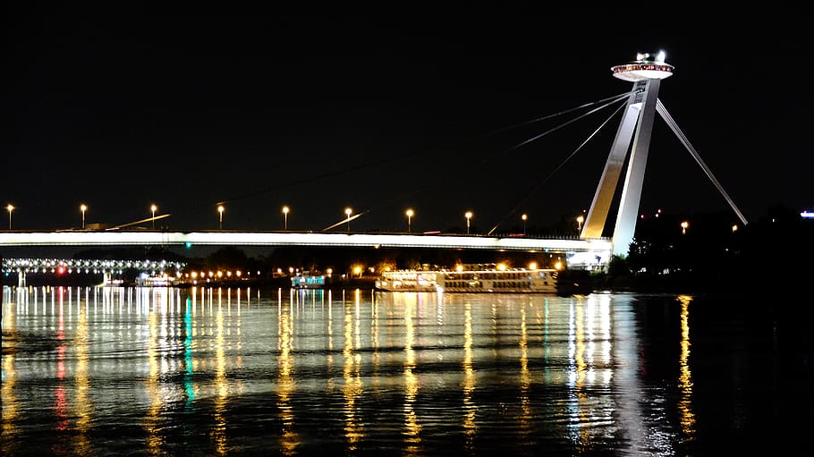 night, lights, bridge, river, riverside, ufo deck, bratislava HD wallpaper