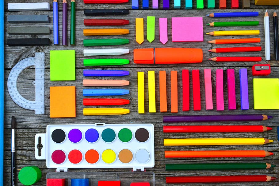 school times, school school supplies, brushes, crayon, education, HD wallpaper