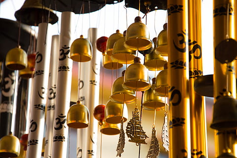 Gold Colored Chimes, bells, hanging, wind chimes, low angle view HD wallpaper