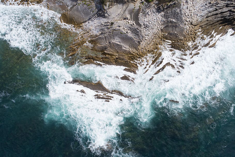 aerial view of ocean, shore, coast, rocky, wave, water, blue HD wallpaper