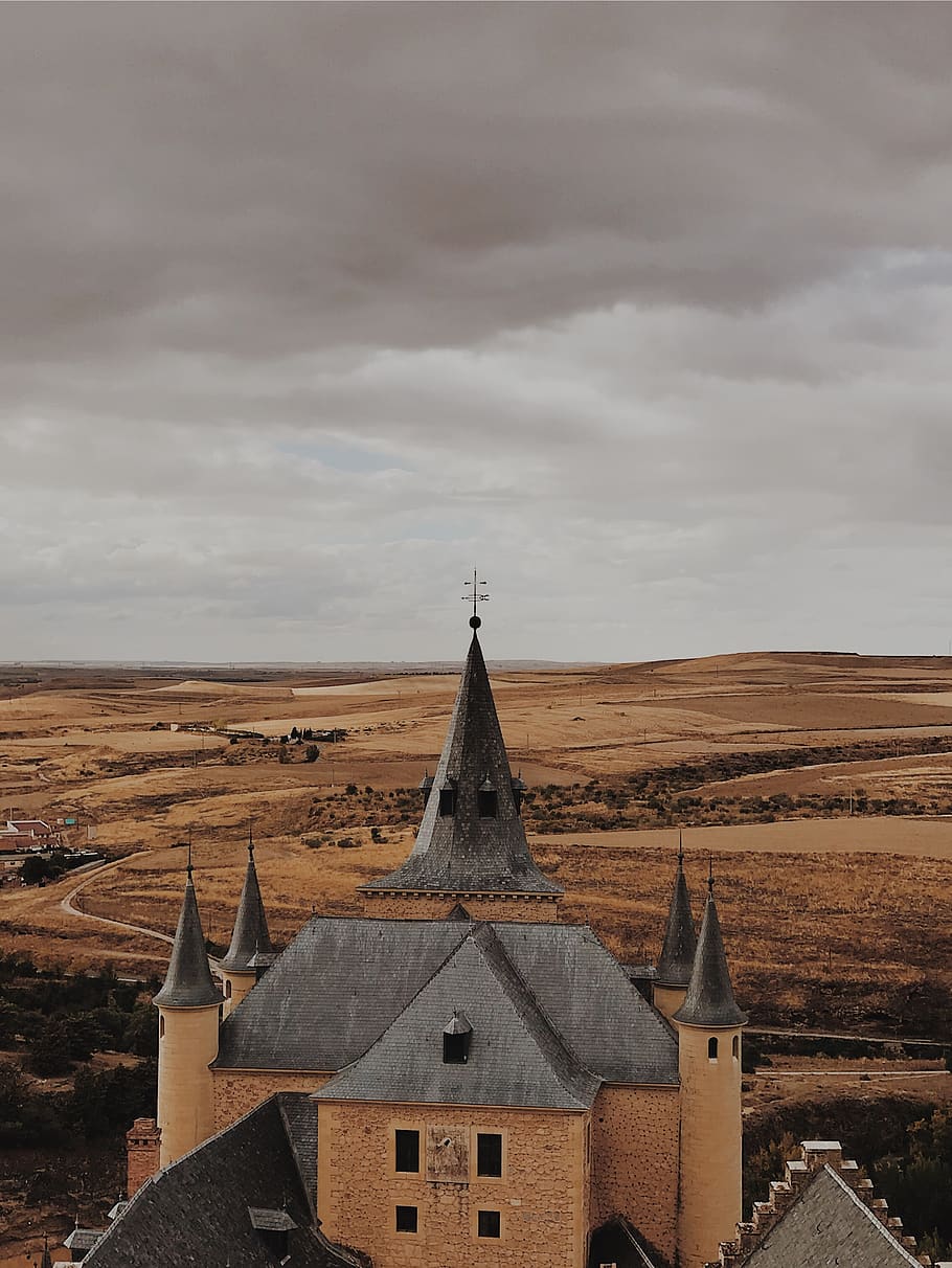 Brown and Gray Castle in Field, architecture, building, clouds HD wallpaper