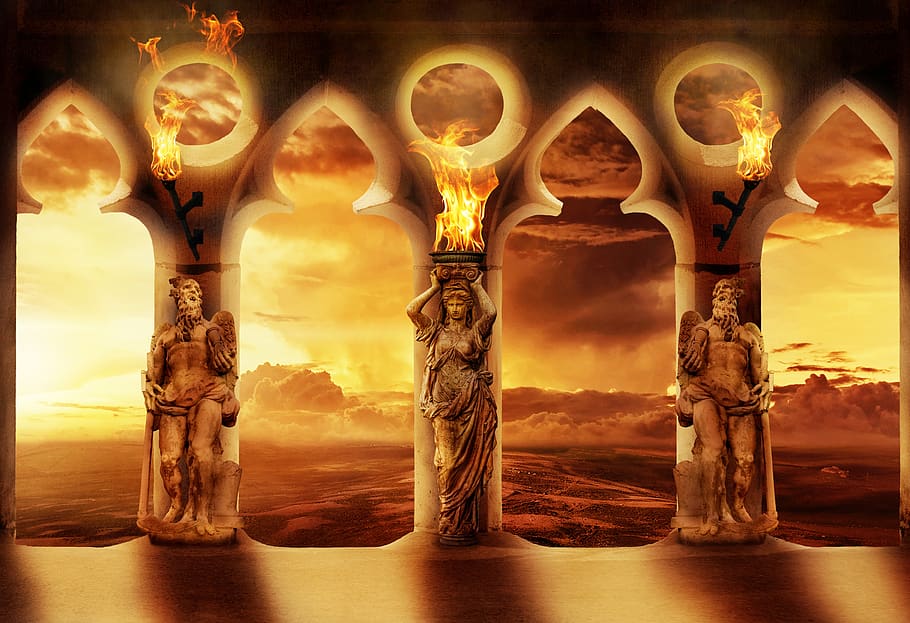 fantasy, sculpture, fire, balcony, gothic, clouds, cloud formation HD wallpaper