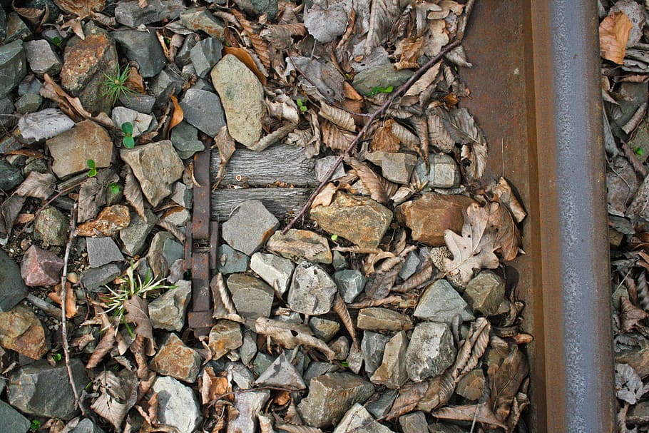grass, autumn, leaf, track, train, grey, rust, iron, stone HD wallpaper