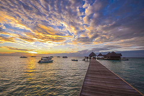 jetty, sea, dawn, nature, boats, clouds, dock, dusk, environment HD wallpaper