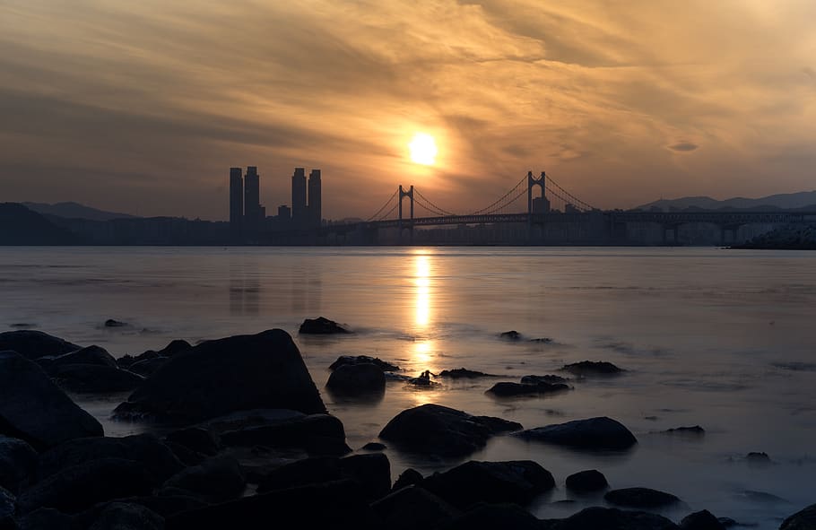 sunset, sea, bridge, atmosphere, twilight, sky, water, built structure HD wallpaper