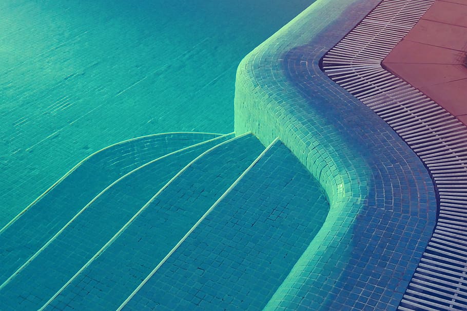 pool, tiles, night, day, no people, water, swimming pool, blue HD wallpaper