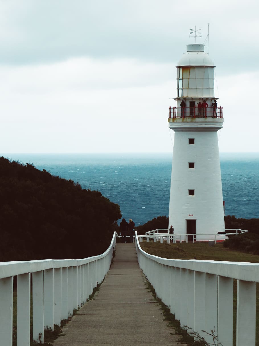 lighthouse, white, sea, ocean, stairs, green, blue, pier, cliff HD wallpaper