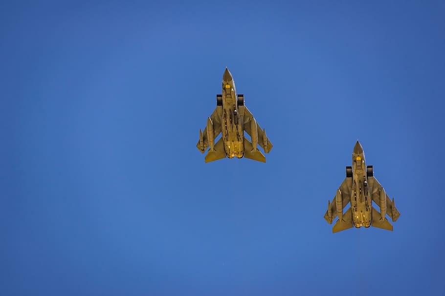 two gray fighter jets, blue, sky, clear sky, copy space, no people HD wallpaper