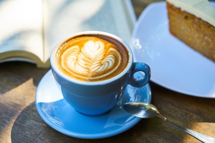 Mug of Coffee Latte, background, beverage, blue, break, brown HD wallpaper