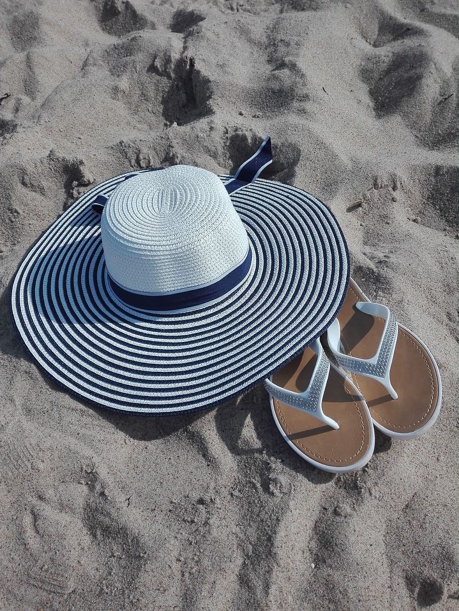 hat, blue, white, slippers, beach, sand, sea, girl, woman, summer HD wallpaper