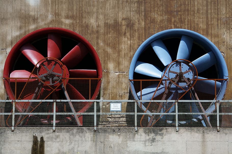 Red and Blue Industrial Exhaust Fans, dirty, equipment, industrial plant, HD wallpaper