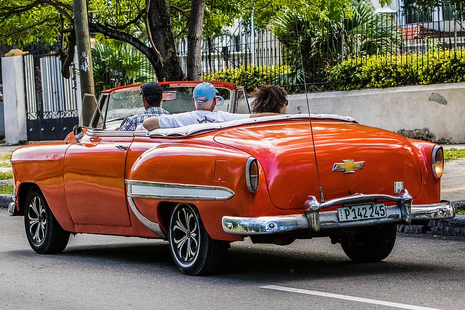 cuba, havana, malecon, chevy, orange, almendron, car, taxi HD wallpaper