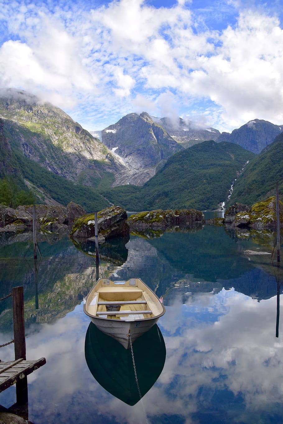 mountains, glacier, boat, mirroring, landscape, snow, hiking, HD wallpaper