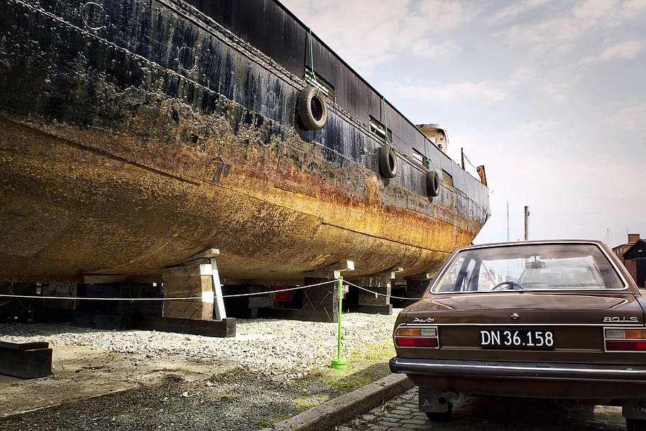 denmark, harbour, rust, dock, audi, car, boat, mode of transportation HD wallpaper