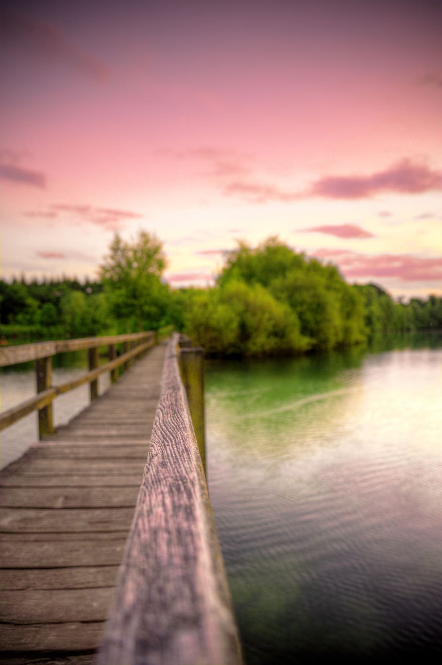 Wooden Bridge and Trees, blur, clouds, dawn, evening, green, landscape HD wallpaper