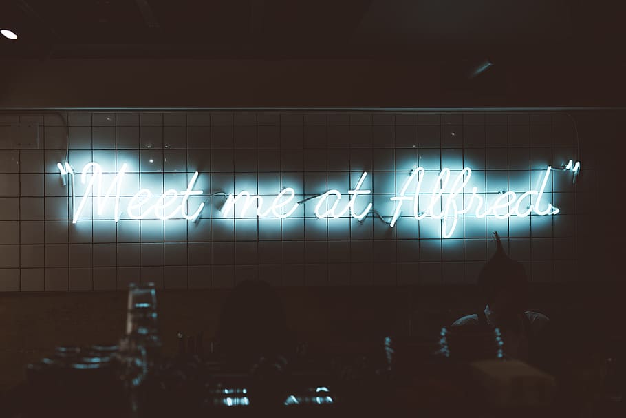 Meet me and Alfred neon sign, light, human, person, electronics, HD wallpaper
