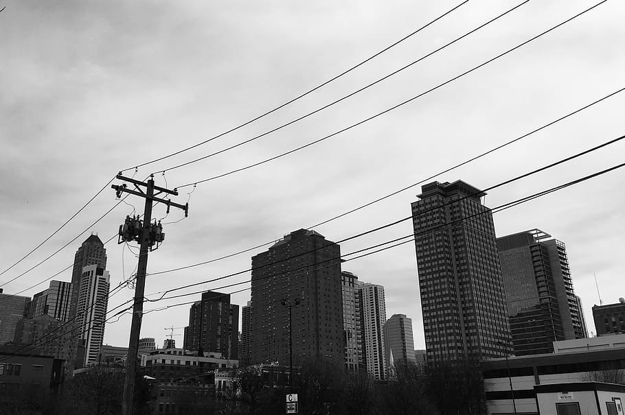 chicago, united states, city, black and white, buildings, power lines, HD wallpaper