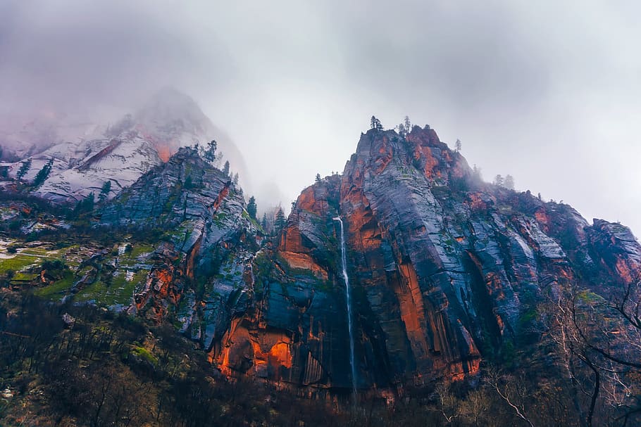 Brown Mountain, adventure, cliffs, climb, clouds, dawn, daylight HD wallpaper