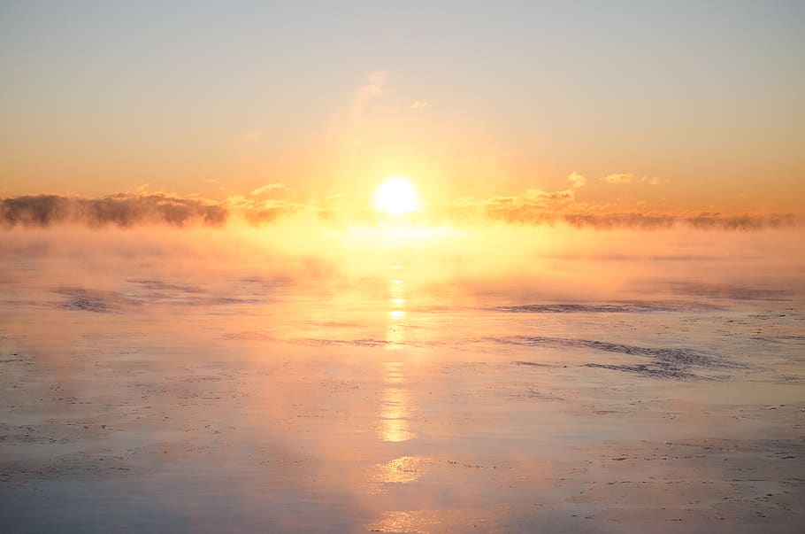 orange sunset, sunrise, water, ocean, sea, light, flare, united states HD wallpaper