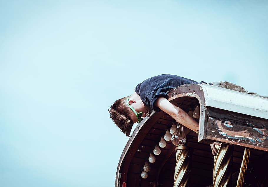 sky, people, man, guy, rooftop, ride, steel, metal, copy space HD wallpaper