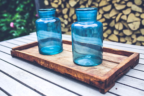 Two blue jars on the wooden tray, aromatherapy, bottle, care HD wallpaper