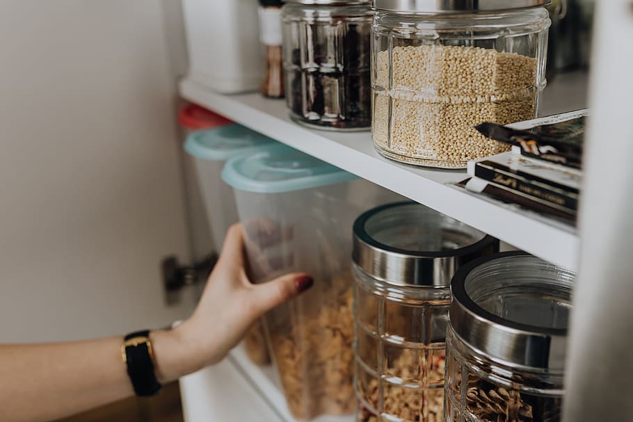 Containers of cereals in kitchen cupboard, breakfast, morning HD wallpaper