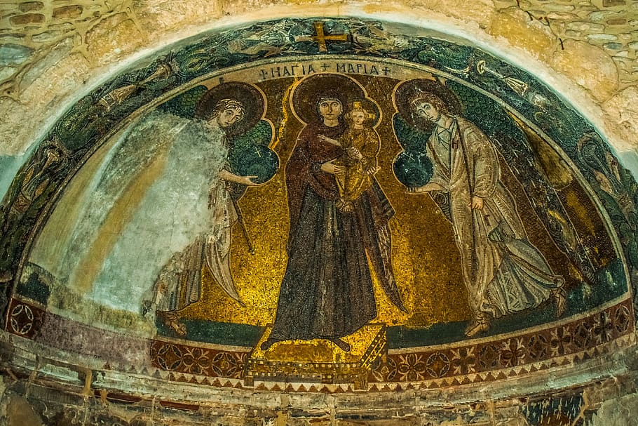 virgin mary, queen of heaven, iconography, mosaic, cyprus, kiti