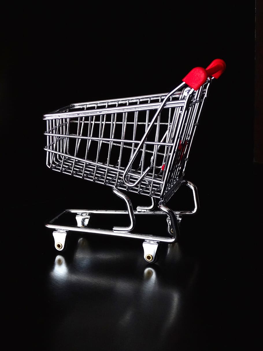 Red Handle Gray Shopping Cart on Black Background, chrome, commerce