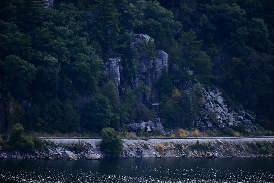 nature, rocks, water, trees, railroad, tracks, beauty, beauty in nature HD wallpaper