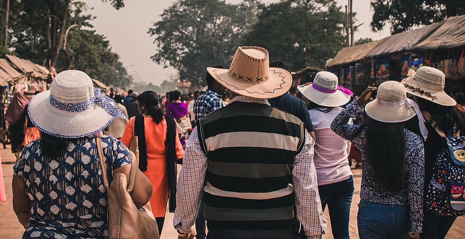 people wearing hat, clothing, group of people, real people, rear view HD wallpaper
