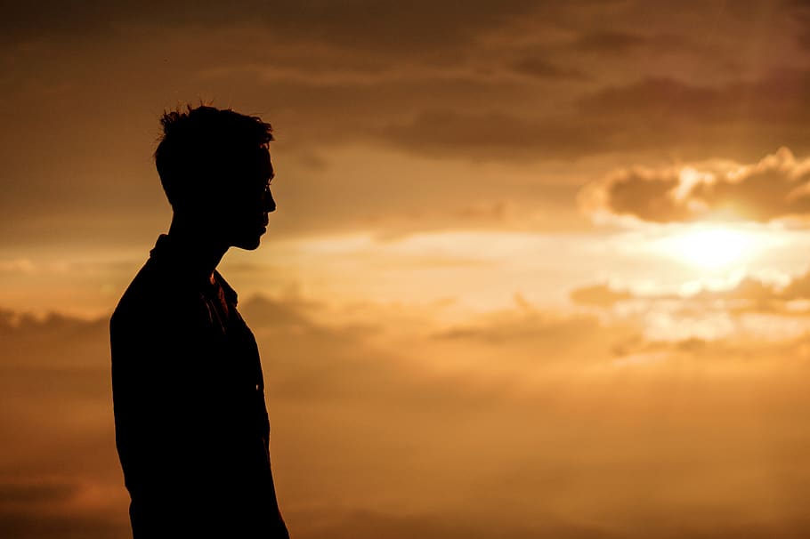 Silhouette of Man at Sunset, 4k wallpaper, background, backlit