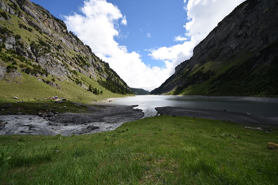 Body of Water Beside Mountain, clouds, daylight, environment HD wallpaper