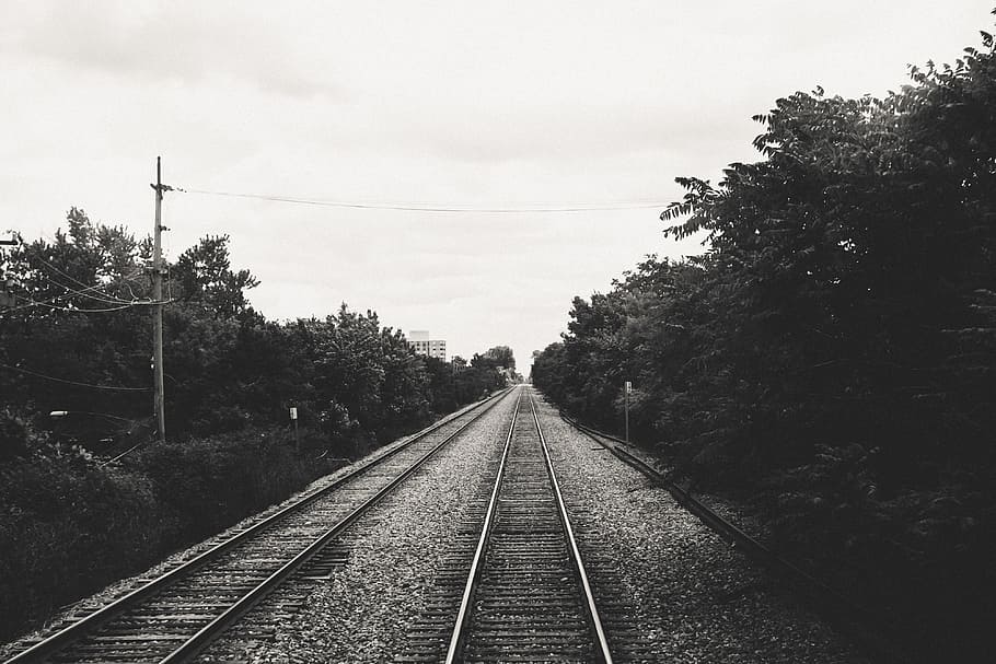 Black and white railroad, background, direction, fort, landscape, HD wallpaper