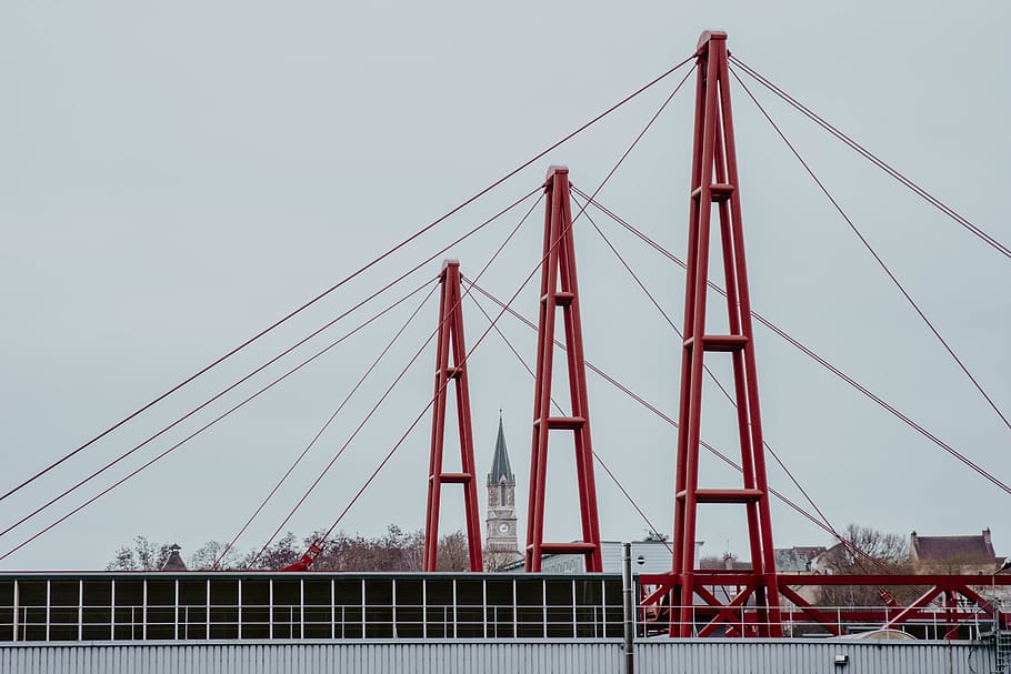 red suspension bridge, architecture, city, florentine pautet, HD wallpaper