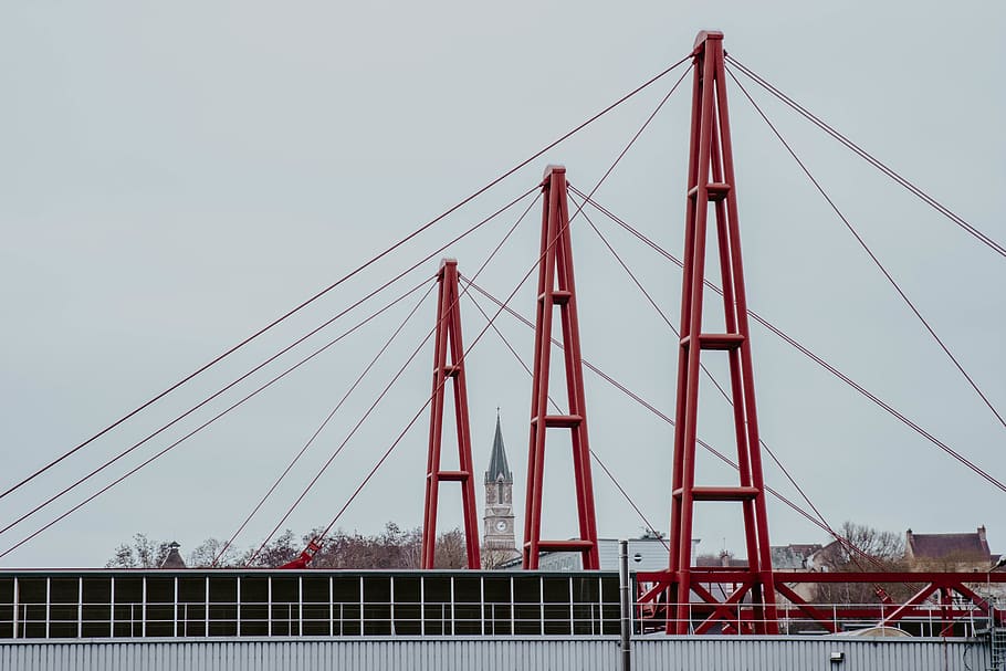 red suspension bridge, architecture, city, florentine pautet HD wallpaper