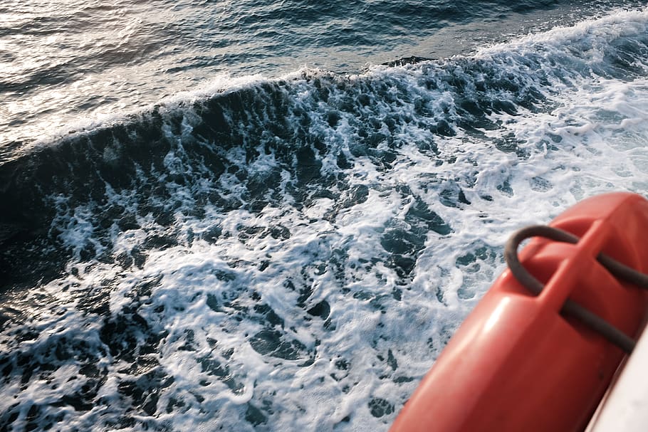 sea waves view, water, nature, outdoors, ocean, foam, boat, life buoy HD wallpaper
