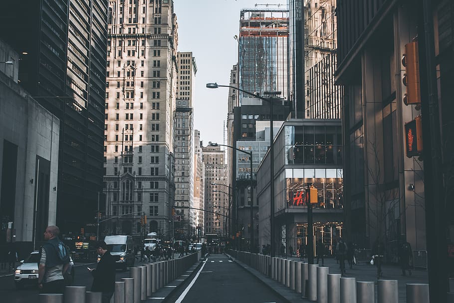 gray concrete building, road, person, human, city, urban, metropolis HD wallpaper
