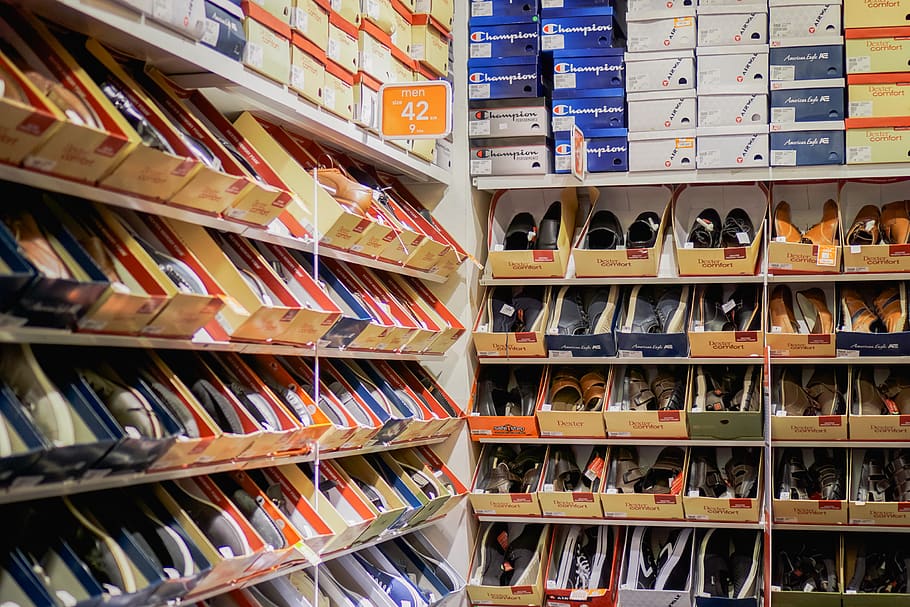 assorted pairs of shoes on boxes, shelf, bandung, indonesia, footwear, HD wallpaper