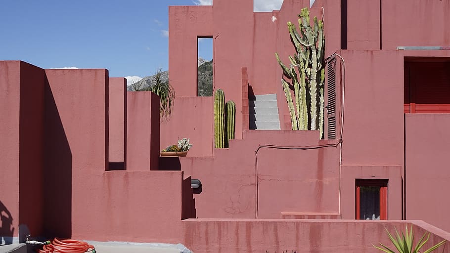red concrete building with cactus, plant, wall, tree, bush, vegetation