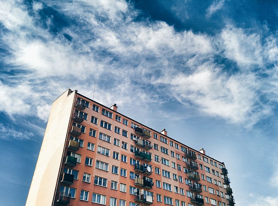 building, apartment, windows, city, architecture, blue, sky HD wallpaper