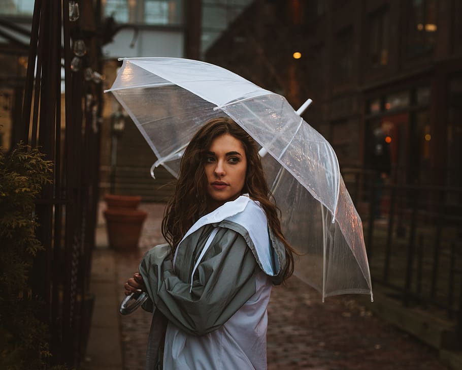 woman holding umbrella outdoor, caucasian, portrait, female, moody portrait, HD wallpaper