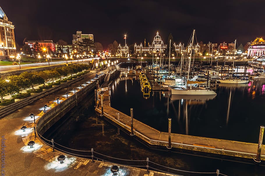 walkway, path, urban, bay, yachts, building, architecture, night HD wallpaper