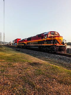 orange train under white sky during daytime, transportation, vehicle HD wallpaper