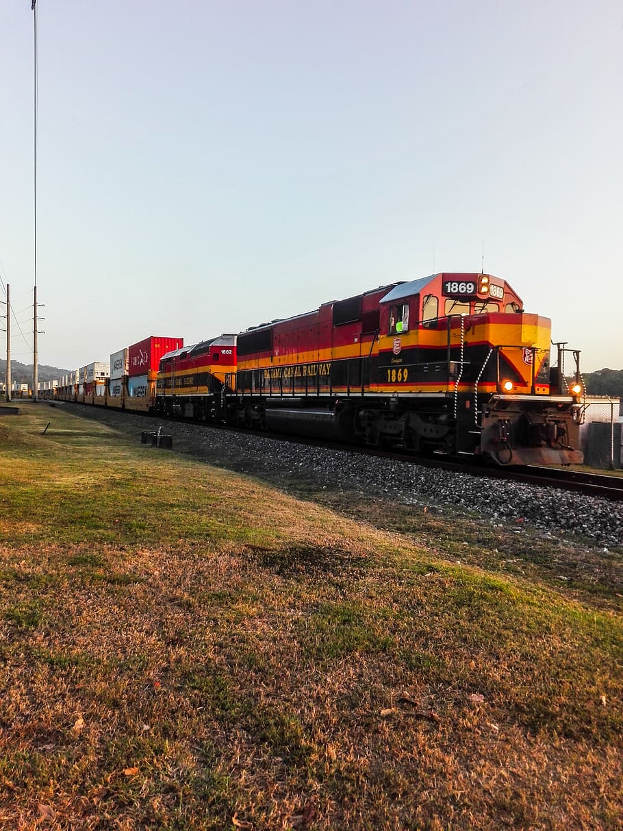 orange train under white sky during daytime, transportation, vehicle HD wallpaper