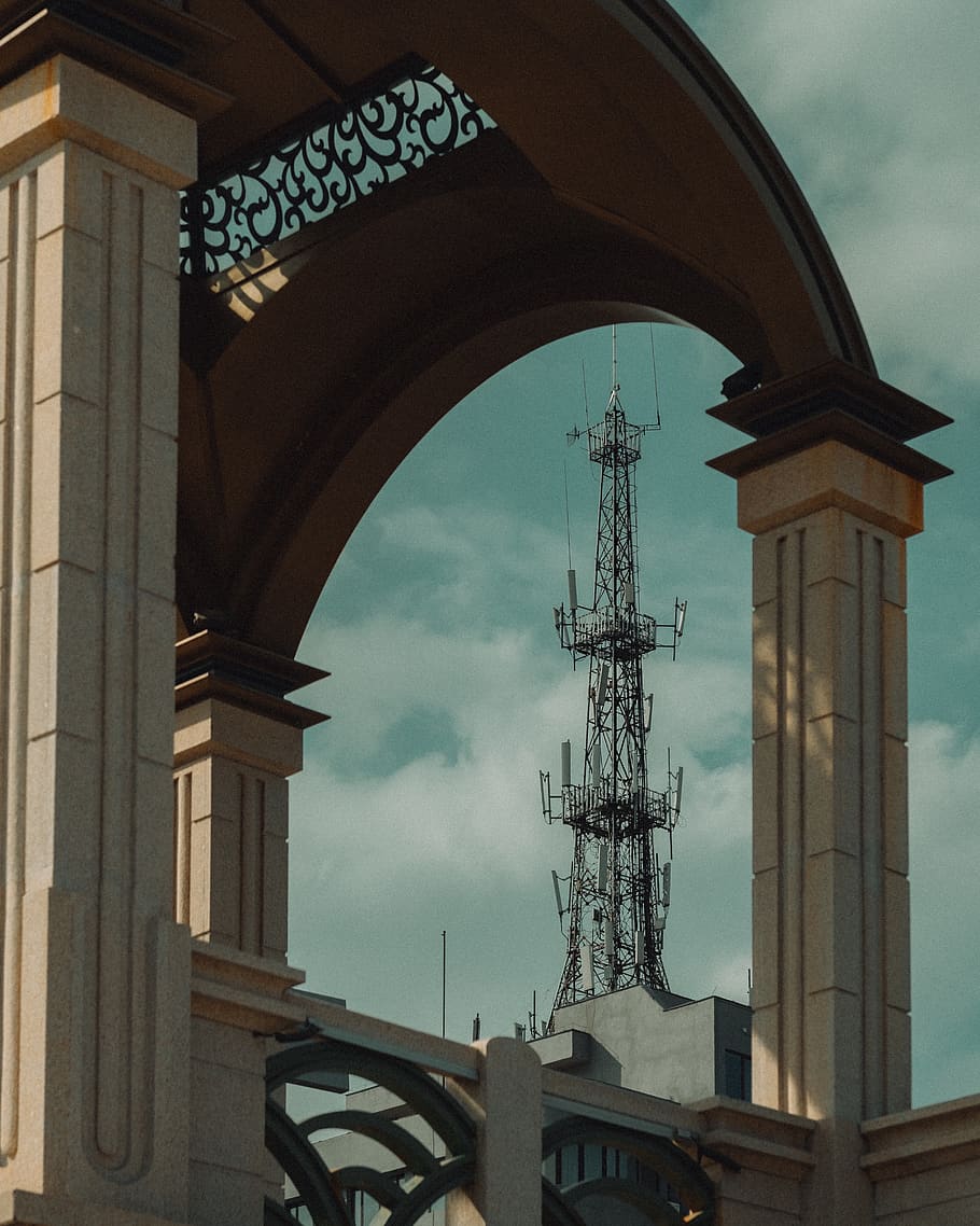 sky, clouds, tower, dome, pillar, architecture, building, composition HD wallpaper